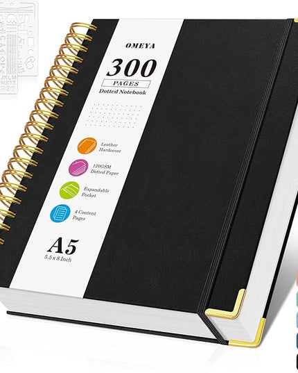Bullet Dotted Journal Spiral Notebook, 300 Pages Leather Notebooks with Contens, 120 GSM Thick No Bleed Through Paper Journals, A5 Dot Grid Notebook for Women Men School Work Writing, 5.5" x 8", Black