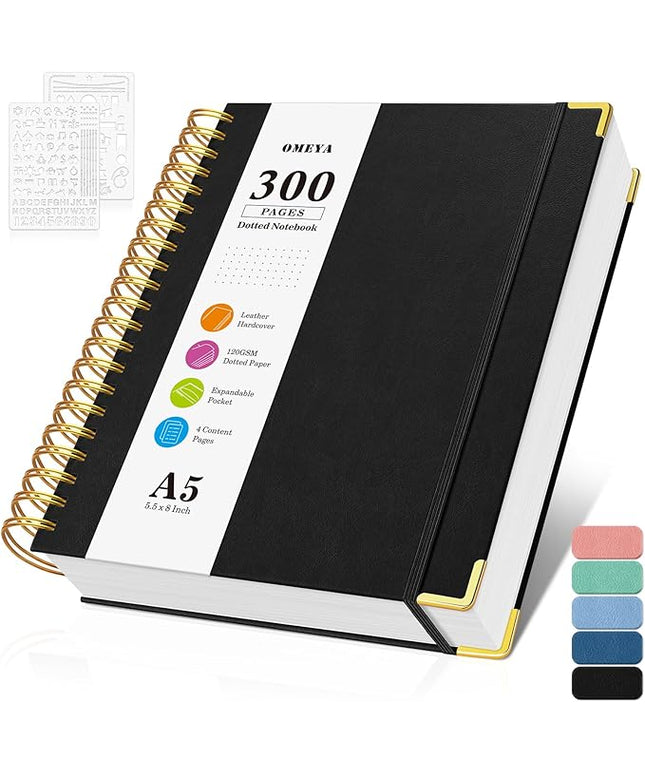 Bullet Dotted Journal Spiral Notebook, 300 Pages Leather Notebooks with Contens, 120 GSM Thick No Bleed Through Paper Journals, A5 Dot Grid Notebook for Women Men School Work Writing, 5.5" x 8", Black