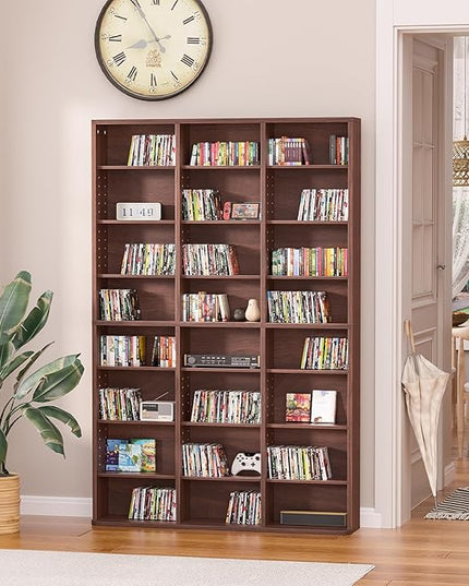 LELELINKY 8 Tier Tall Display Cabinet, Walnut Media Storage Cabinet with Adjustable Shelves, Free Standing DVD Organizer Shelf, Floor Multimedia Storage Manga Bookshelf for Living Room & Home Office.