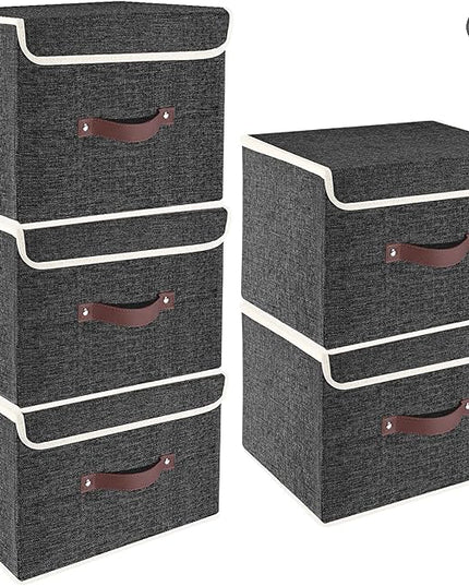 TYEERS Foldable Storage Boxes with Lids 5 Pack Fabric Storage Bins with Lids, Closet Organizers for Clothes Storage, Room Organization, Office Storage, Toys - Black