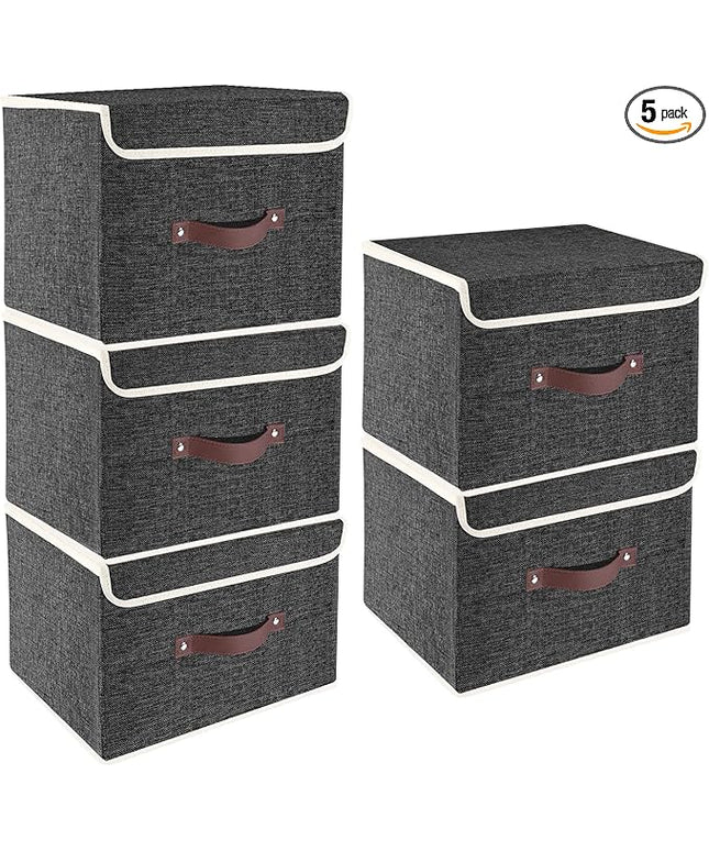 TYEERS Foldable Storage Boxes with Lids 5 Pack Fabric Storage Bins with Lids, Closet Organizers for Clothes Storage, Room Organization, Office Storage, Toys - Black