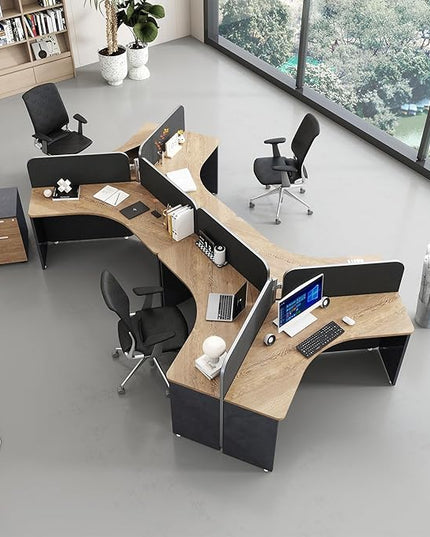 3 Person Office Cubicle Desk Workstation with Drawers & Built-in Power Outlets, Adjustable Wall Partitions, Layouts for Startups and Modern Workspaces,Black Fabric Panels