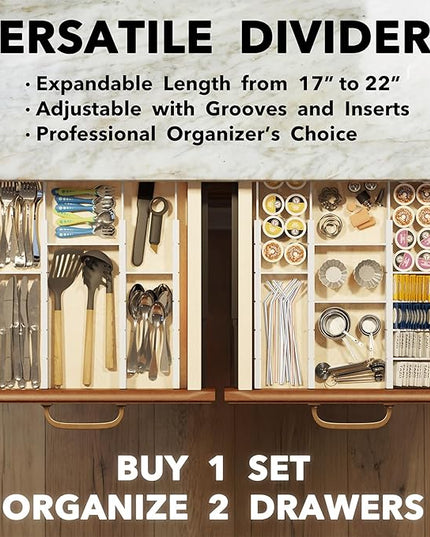 SpaceAid Bamboo Drawer Dividers with Inserts and Labels, Kitchen Adjustable Drawer Organizers, Expandable Organization for Home, Office, Dressers, 10 Dividers with 24 Inserts (17"-22" White)