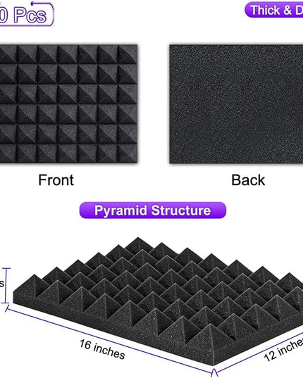 TroyStudio Thick Acoustic Foam Panels, 16 X 12 X 2 Inches 50 Pcs Pyramid Sound Absorbing Foam, Dense Soundproof Padding Tile, Recording Studio Foams Absorber, Decorative 3D Wall Ceiling Panel