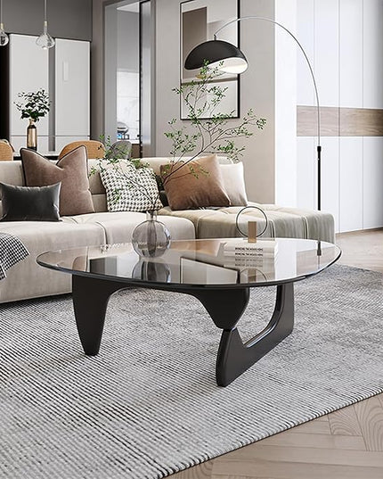 EASYSOUL Modern Glass Coffee Table, 32.68" D x 22.44" W x 15.75" H, Abstract Round Tea Tables for Living Room Home Office Industrial Cocktail Tables (Black-Clear Glass, 32.68")