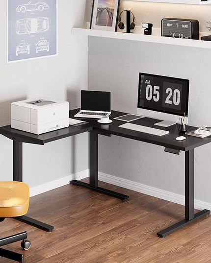 SANODESK L Shaped Standing Desk Adjustable Height, Electric Corner Standing Desk, 63 x 48 inch Sit Stand Computer Table with Splice Board, Black