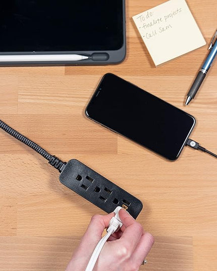 GE 3-Outlet Power Strip Mini Extension Cord with Multiple Outlets 5 Inch Braided Short Cord Extension Cord Grounded Flat Plug Extension Cord ETL Listed 2 Pack Black 53240