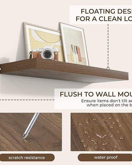 RICHFOCUS 36Inch Floating Shelves for Wall 2 Pack Shelves for Bedroom|Kitchen|Bathroom Wall Mounted Rustic Wood Floating Shelf with Invisible Brackets for Books|Storage|Decor, Walnut