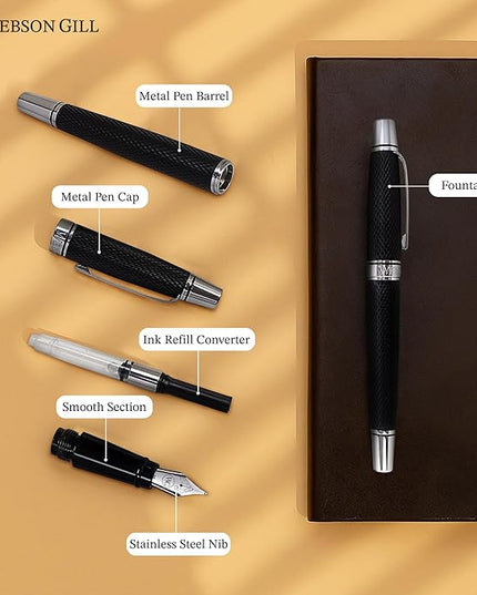 Webson Gill Show Up' Black Luxury Executive Fountain Pen, Woven Lacquer & Chrome, Medium Nib, Smudge Free, No Bleed, Use Any Fountain Ink with Included Converter, Fits Cartridges (sold separately)