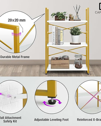 CAPHAUS 3 Tier Small Bookshelf, 24 Inch Width Free Standing Shelf, Bookcase Shelf Storage Organizer, Industrial Book Shelves for Home Office, Living Room, White Wooden Shelves & Gold Frame