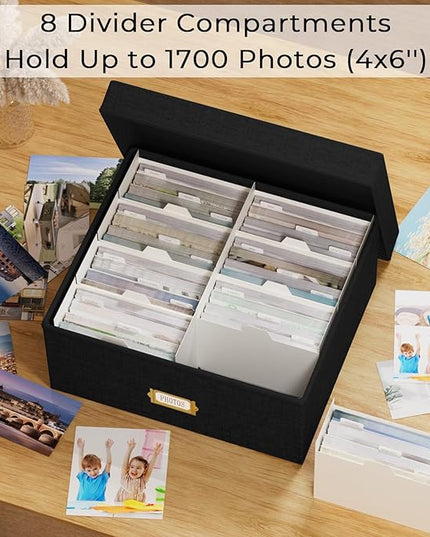 Decorative Photo Storage Box - 2 Pack Linen Photo Box Organizer with Dividers, Fits Holds Up to 1700 Pictures and 4x6 Photos, Memory Keepsake Organizer for Scrapbook Supplies, Cards, Stamps (Black)