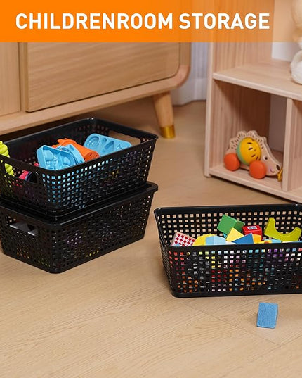 Plastic Storage Baskets With Lid, Storage Bins for Organizing, Stackable Decorative Containers for Shelves Drawers Desktop Closet Playroom Classroom Office,10 Pack-Black