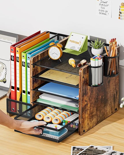 Marbrasse Desk Organizer with File Holder, 5-Tier Paper Letter Tray Organizer with Drawer and 2 Pen Holder, Mesh Desktop Organizer and Storage with Magazine Holder for Office Supplies (Wood-Brown)