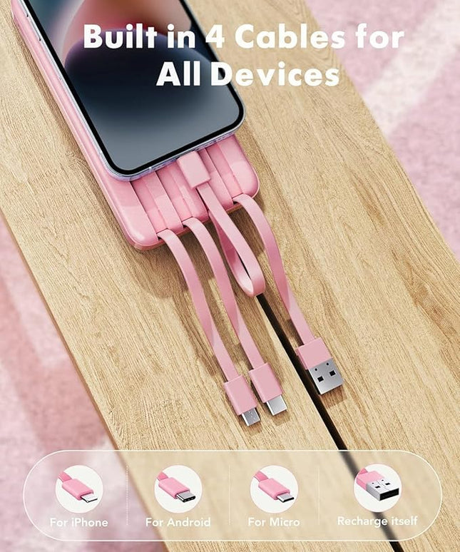 charmast Portable Charger with Built in Cables, Power Bank with Cords Wires, Slim 10000mAh Travel Battery Pack 6 Outputs 3 Inputs 3A Fast Charging for Samsung Google Pixel LG Moto iPhone iPad