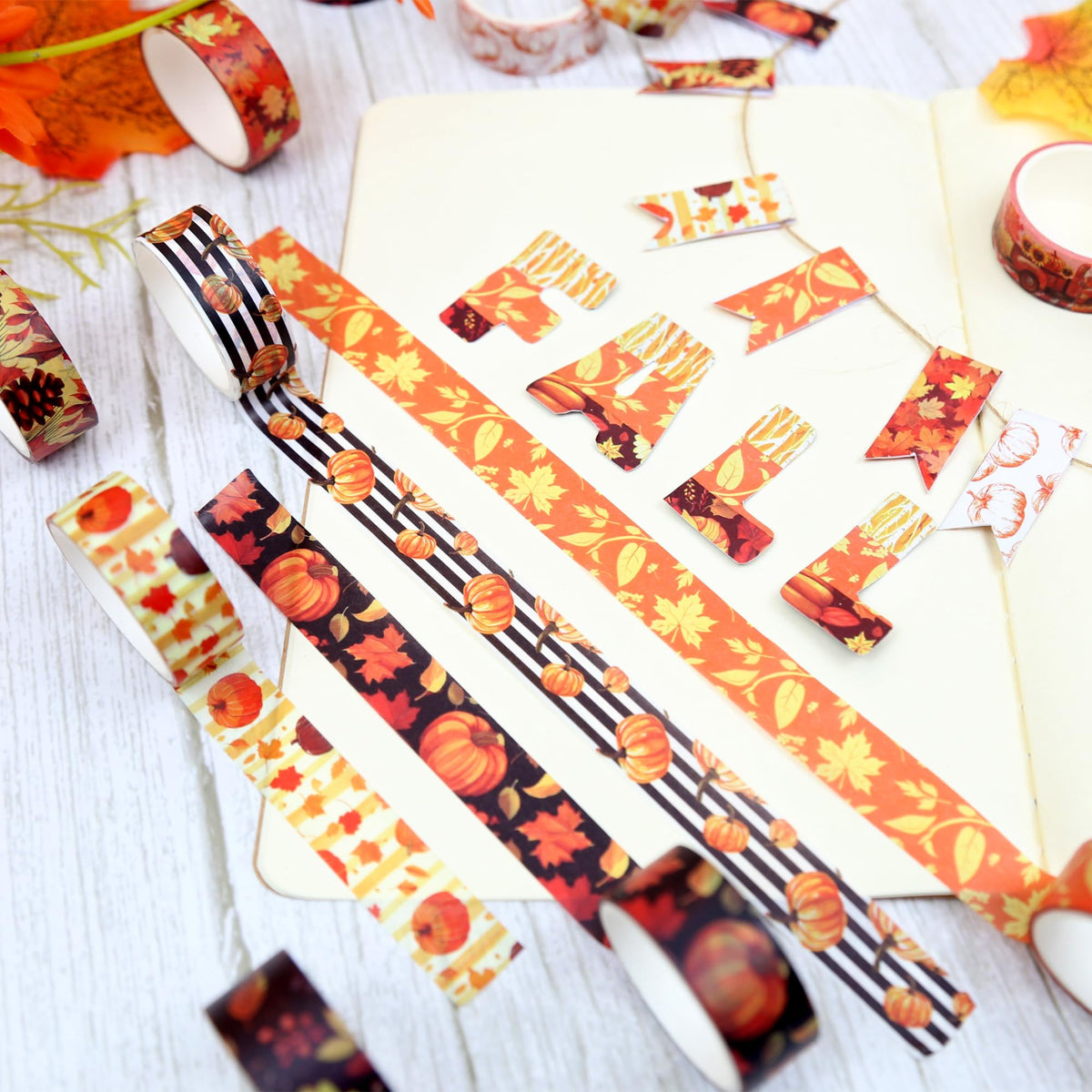 NIKOMIE Fall Washi Tape Set,12 Rolls Autumn Leaves Decorative Tape Pumpkin Maple Leaves Gnome Sunflower Thanksgiving Masking Tape for Journaling Supplies, Junk Journal, Scrapbooking, DIY Arts & Crafts