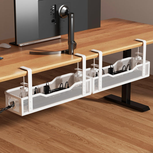 [Upgraded] 2 Pack Under Desk Cable Management Tray, Cinati Cord Organizers for Table Thickness up to 3", 16" Wire Organization with Clamp No Drill, Cable Management Box for Office - No Damage to Desk