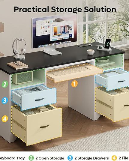 Bestier 59” Computer Desk with 4 Drawers, Office Desk with Storage, Modern Executive Desk with Charging Station, Keyboard Tray & Wooden Pedestals on Both Sides for Home Office & Studio, White