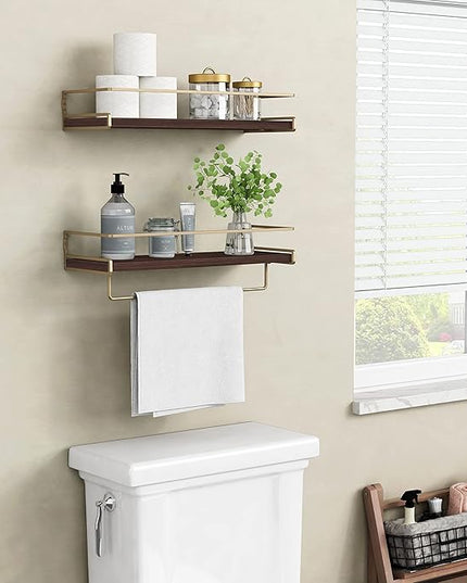 Floating Shelves Bathroom Shelves Over Toilet Set of 2, Bathroom Wall Shelves with Towel Bar, Wall Mounted Vanity Shelf for Bedroom, Kids Room, Kitchen (Brown & Gold)
