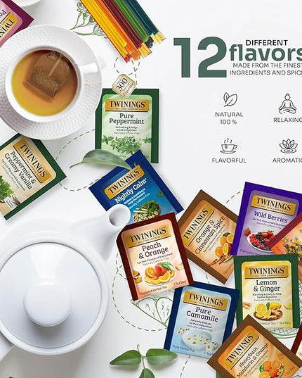 Twinings 48 Tea Bags Herbal Variety Pack – 12 Herbal Flavors with 20 Honey Sticks, Perfect Tea Gift Set for Any Occasion