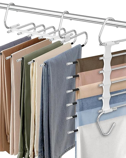 Upgrade 6 Layers Pants Hangers Space Saving, 2Pack Stainless Steel Multifunctional Rack Non Slip S-Type Clothes Jean Hanger Closet Organizer for Jeans Leggings Trousers Skirts Scarf, White