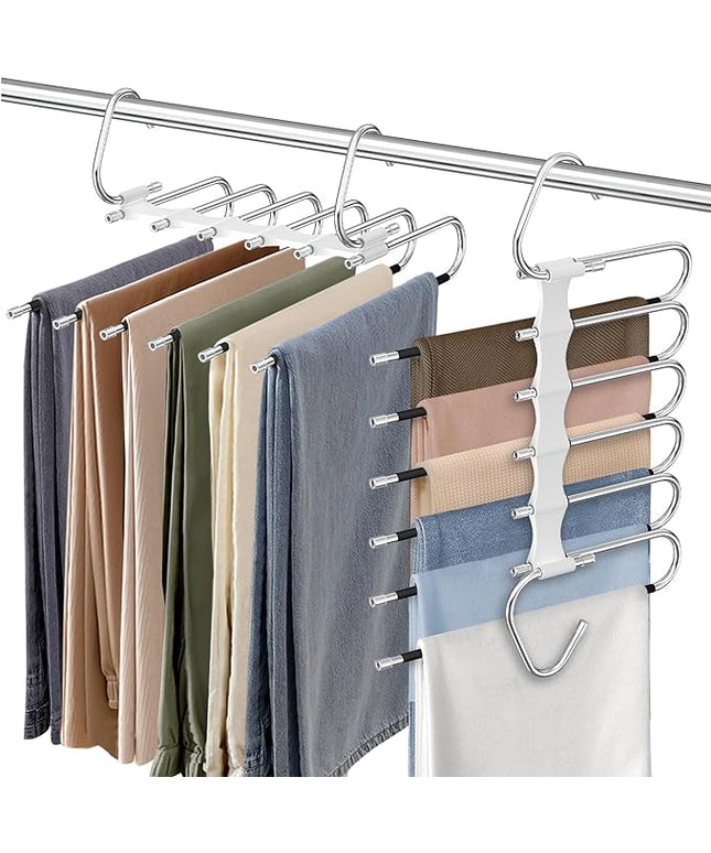 Upgrade 6 Layers Pants Hangers Space Saving, 2Pack Stainless Steel Multifunctional Rack Non Slip S-Type Clothes Jean Hanger Closet Organizer for Jeans Leggings Trousers Skirts Scarf, White