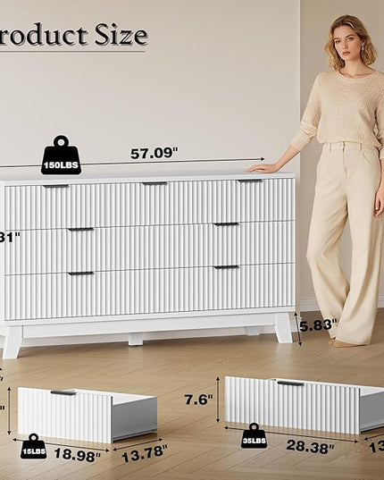 BORNOON 57" Long Dresser for Bedroom, 7-Drawer Fluted Chest, Wide Wood Storage Dresser with Metal Slides and Handles, Stable Base, Modern Clothes Organizer for Primary Suite, Guest Room, Nursery