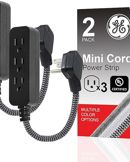 GE 3-Outlet Power Strip Mini Extension Cord with Multiple Outlets 5 Inch Braided Short Cord Extension Cord Grounded Flat Plug Extension Cord ETL Listed 2 Pack Black 53240