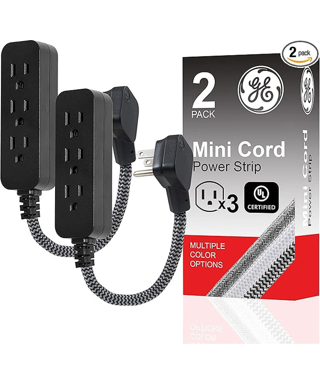 GE 3-Outlet Power Strip Mini Extension Cord with Multiple Outlets 5 Inch Braided Short Cord Extension Cord Grounded Flat Plug Extension Cord ETL Listed 2 Pack Black 53240