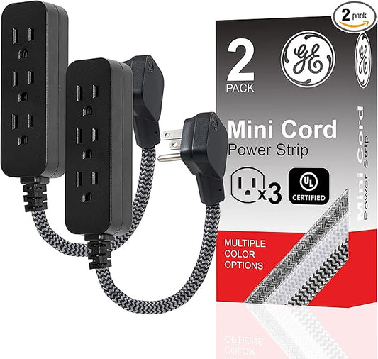 GE 3-Outlet Power Strip Mini Extension Cord with Multiple Outlets 5 Inch Braided Short Cord Extension Cord Grounded Flat Plug Extension Cord ETL Listed 2 Pack Black 53240