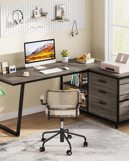 Tribesigns L-Shaped Desk with 3 Drawers, Reversible Corner Home Office Computer Desk with Shelves, 53-Inch Industrial PC Desk Study Writing Table Workstation for Small Space, Grey