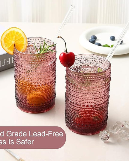 Vintage Glassware Drinking Glasses Set of 6,15 oz Hobnail Glass Cups,Embossed Purple Water Tumbler,for Beer,Cocktail,Whiskey,Juice and Various Mixed Drinks- 1 Cleaning Brush