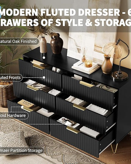 Garvee Fluted Dresser for Bedroom with 6 Drawers,47" Wide Modern Chest of Wooden Bedroom Chest with Metal Handle,Clothes Storage Organizer,Closet Dresser & TV Stand for Living Room,Hallway,6&Black