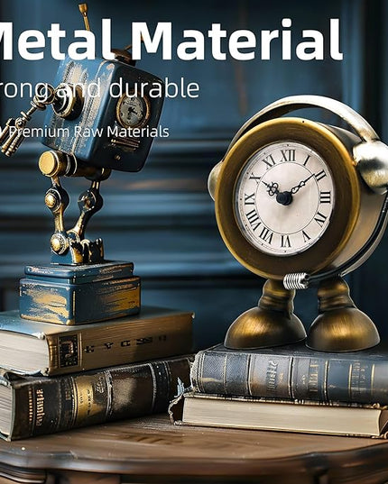 YOUKI Vintage Robot Table Clock on Stand, Decorative Desk and Shelf Clock, Rustic Mantel Farmhouse Silent Non-Ticking,Battery Operated Table Top for Living Room,Musical Gift,Metal