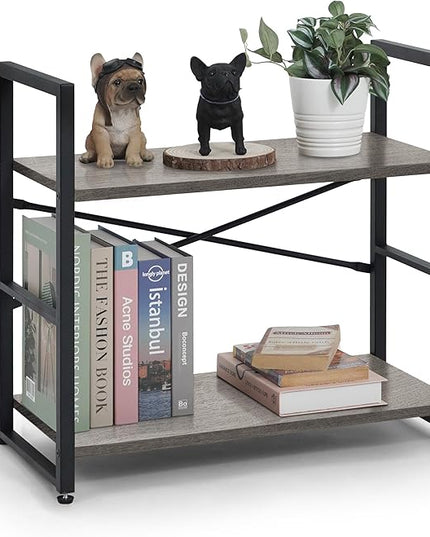 CAPHAUS 2 Tier Small Bookshelf, 24 Inch Width Free Standing Shelf, Bookcase Shelf Storage Organizer, Industrial Book Shelves for Home Office, Living Room, Dark Grey Shelves & Metal Frame