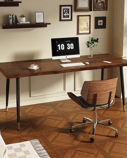 Solid Wood Desk 55 inches, Home Office Computer Desk Wooden Rustic Writing Desk Metal Modern Simple Design Executive Real Wood Desk(Walnut)