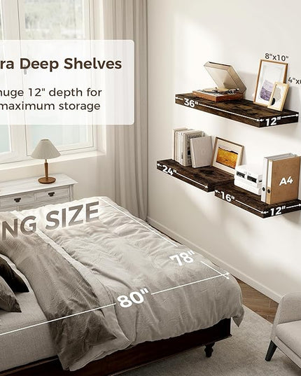 12 Inch Deep Floating Shelves, 16 x 12 Floating Shelf for Books, Rustic Wood Deep Wall Shelves for Home Storage & Display, 2" Thicked Shelves for Kitchen, Living Room, Bedroom, Rustic Brown, 2 Pack