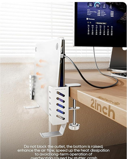 Desk Side Laptop Holder, Desk Side Storage, No Drill Side Desk Organizer, Side Desk Laptop Mount, Tablets Hanging Holder, Clamp on Desk Organizer for Laptops/Tablets/Keyboards/Headphone, White