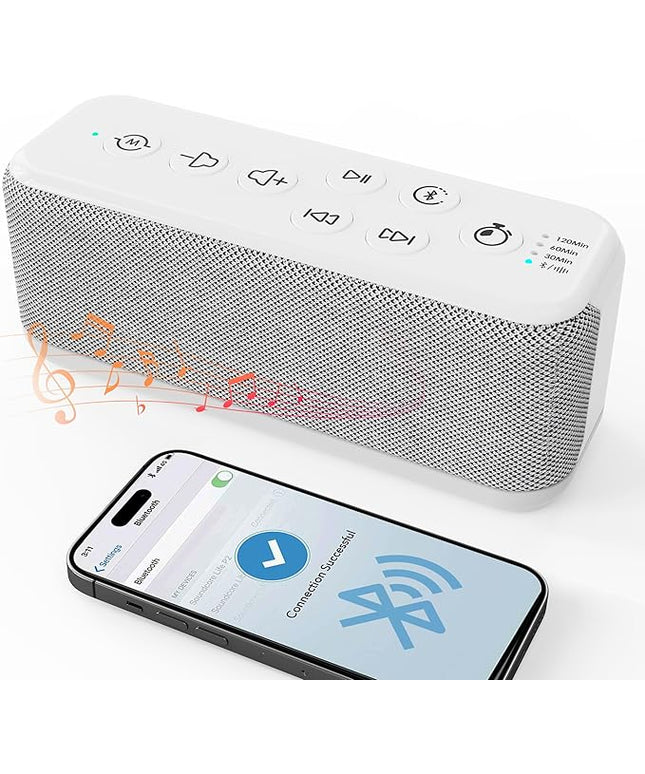 White Noise Sound Machine with Bluetooth,3000mAh Battery Powered,40H Long Lasting,Hi-Fi Audio,30/60/120m Timer,Wireless Portable Sleep Sound Machine for Adults/Baby,Type-C Rechargeable,Headphone Jack