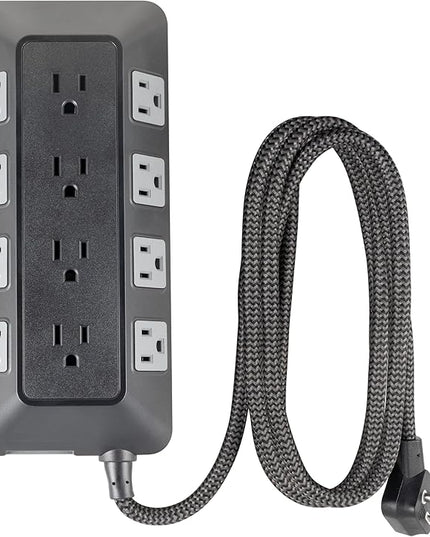 GE UltraPro 12-Outlet Surge Protector, 8 Ft Braided Extension Cord, Multi Plug Outlet Extender, Adapter Spaced, Flat Plug, for Home, Office, Dorm, 3540 Joules, Black, 81784