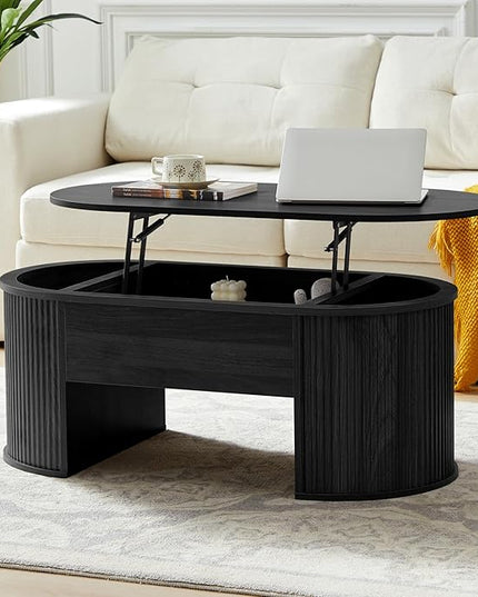 QHITTY Fluted Coffee Table with Lifting Top, Oval Wood Lift Top Coffee Table with Hidden Compartment, Mid Century Pull up Center Tables for Living Room, Office - Black