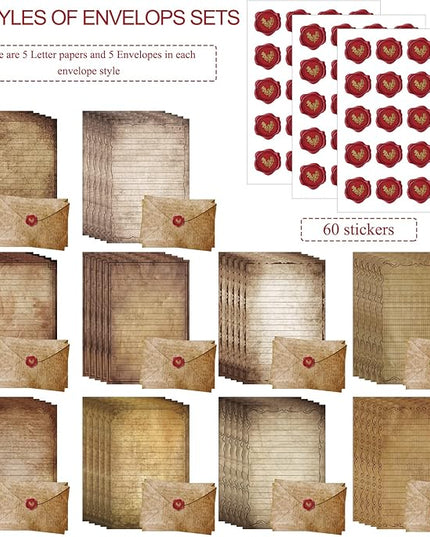 TaoBary 160 Pcs Stationery Paper Set 50 Double Sided Stationery Papers with 50 Matching Envelopes and 60 Round Dot Sticker, 10 Design(Vintage Antique,5.5 x 8.25 Inch)