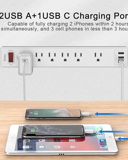 10 Ft Power Strip Surge Protector - Yintar Extension Cord with 6 AC Outlets and 3 USB Ports for Home, Office, Dorm Essentials, 1680 Joules, ETL Listed, White