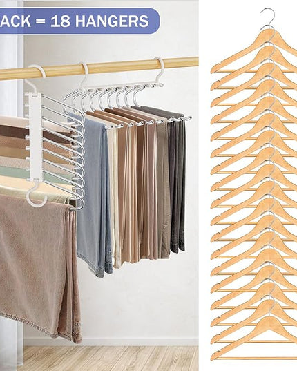 Upgrade 9 Layers Pants Hangers Space Saving, 2 Pack Pant Hangers Organizer Multifunctional Pants Rack Space Saver Closet Organizers and Storage Hangers for Pants Jeans Leggings Trousers Skirts, White
