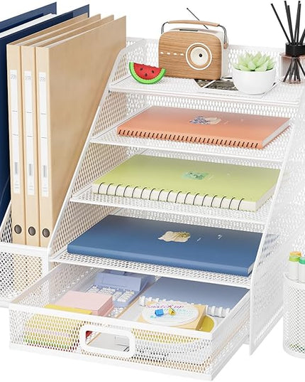 Marbrasse Desk Organizer with File Holder, 5-Tier Paper Letter Tray Organizer with Drawer and 2 Pen Holder,Mesh Desk Organizers and Accessories,Desktop Organizer and Storage for Office Supplies(White)