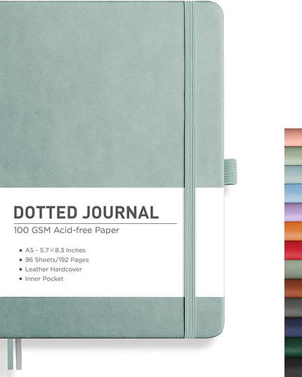 RETTACY Bullet Dotted Journal Notebook, 192 Pages, A5 Medium Size (5.7'' x 8.3''), Leather Hardcover, 100 GSM Thick Paper, for Bullet Journaling, Planning, Tracking (Blue-gray)