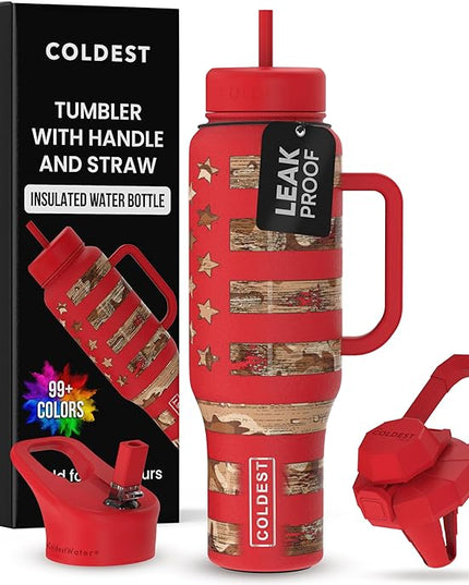 Coldest Tumbler with Handle and Straw, 100% Leak Proof Insulated Tumbler with Lid and Straw (3 Lids), Stainless Steel Tumblers for Women & Men, Cup Holder Friendly, 46 oz (The Republican)