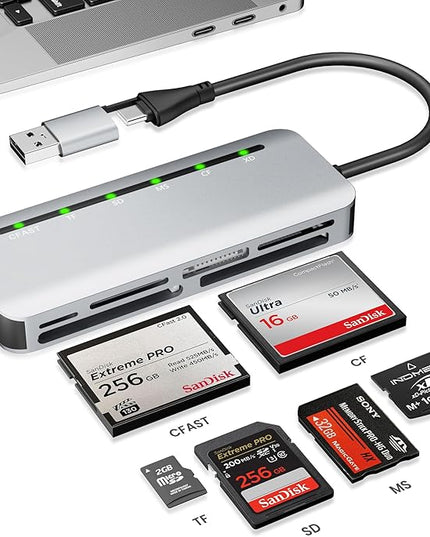 CFast Card Reader, 6-in-1 USB C & USB A Multi Card Reader for CFast/MS/CF/SD/TF/XD - CFast 2.0 Reader & Memory Stick Pro Duo Adapter, 5Gbps High-Speed, Read 6 Cards Simultaneously, for MacBook/Laptop
