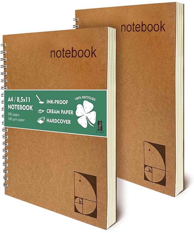 le vent 2-Pack A4 Dot Grid Spiral Notebooks - 8.5 x 11 Dotted Journals with 200 Pages of Premium 100gsm Thick Ink-Proof Paper - Large Bullet Journal for Writing, Sketching, and Work