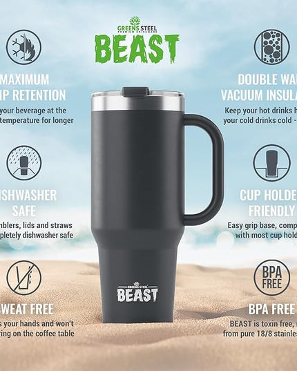 Beast 42 oz Tumbler with Handle Stainless Steel Vacuum Insulated Coffee Ice Cup Double Wall Travel Flask (Matte Black)