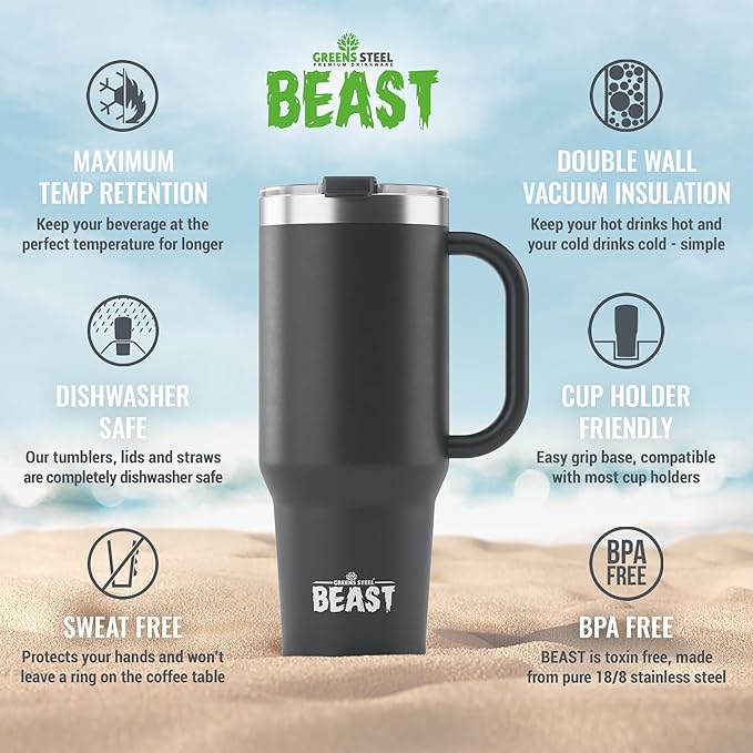Beast 42 oz Tumbler with Handle Stainless Steel Vacuum Insulated Coffee Ice Cup Double Wall Travel Flask (Matte Black)